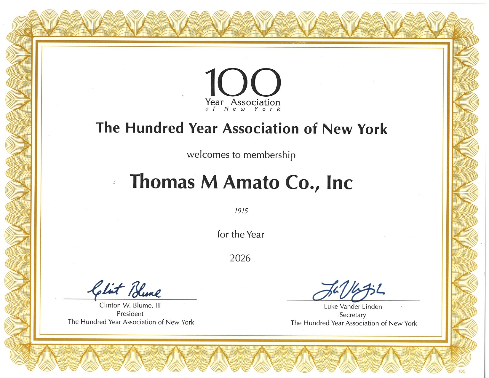 Thomas M. Amato Co. - 100 Year Association of New York Membership Certificate 2026